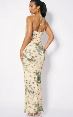 Multi Tie Dye Print Tie Detail Mesh Maxi Dress