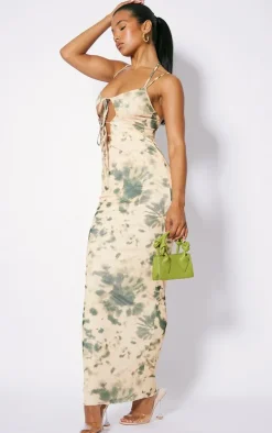 Multi Tie Dye Print Tie Detail Mesh Maxi Dress