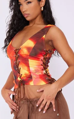 Multi Tie Dye Print Woven Lace Up Detail Plunge Sleeveless Top