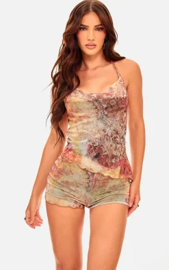 Multi Washed Paisley Printed Mesh Cowl Neck Top