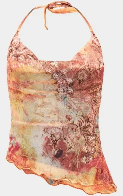 Multi Washed Paisley Printed Mesh Cowl Neck Top