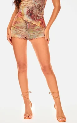 Multi Washed Paisley Printed Mesh Hot Pants