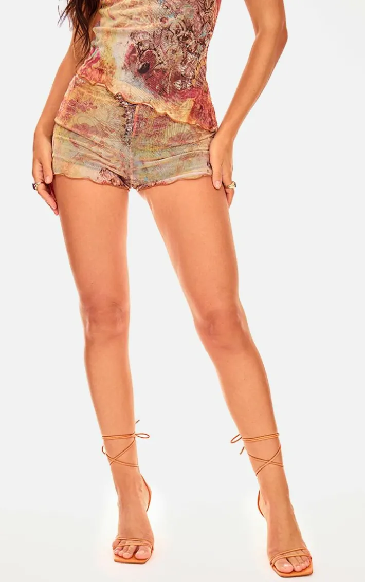 Multi Washed Paisley Printed Mesh Hot Pants