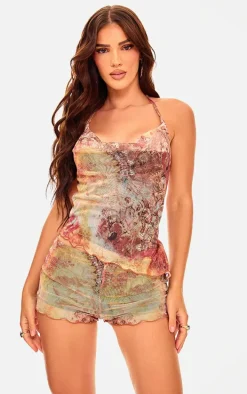 Multi Washed Paisley Printed Mesh Hot Pants