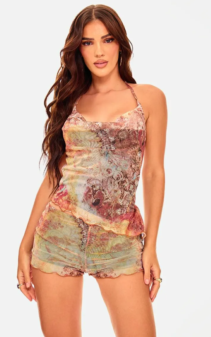 Multi Washed Paisley Printed Mesh Hot Pants