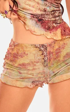 Multi Washed Paisley Printed Mesh Hot Pants