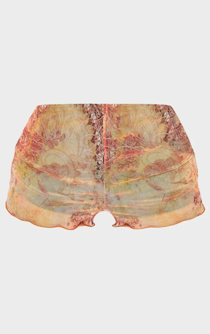 Multi Washed Paisley Printed Mesh Hot Pants