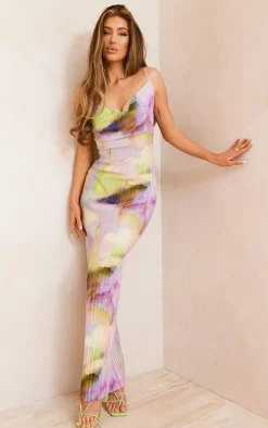 Multi Watercolour Plisse Strappy Maxi Dress