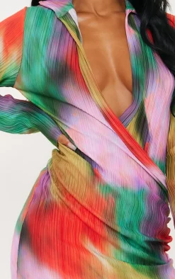 Multi Watercolour Print Plisse Plunge Drape Shirt Dress