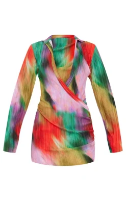 Multi Watercolour Print Plisse Plunge Drape Shirt Dress