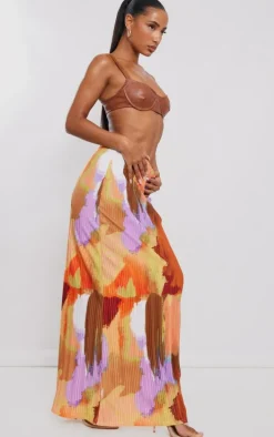 Multi Watercolour Printed Plisse Maxi Skirt