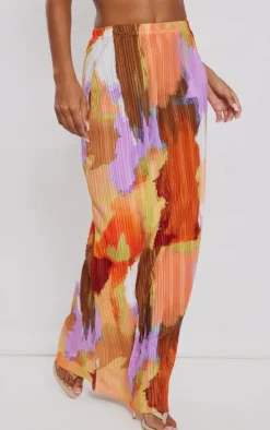 Multi Watercolour Printed Plisse Maxi Skirt