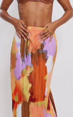 Multi Watercolour Printed Plisse Maxi Skirt