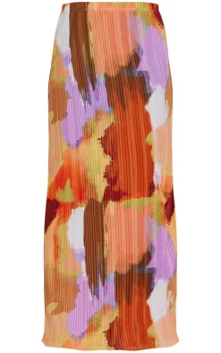 Multi Watercolour Printed Plisse Maxi Skirt