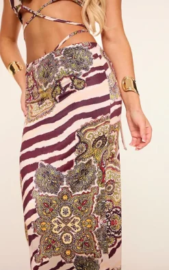 Multi Zebra Paisley Print Slinky Tie Maxi Skirt