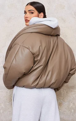 Mushroom Exaggerated Collar PU Cropped Puffer Coat