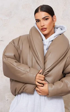 Mushroom Exaggerated Collar PU Cropped Puffer Coat