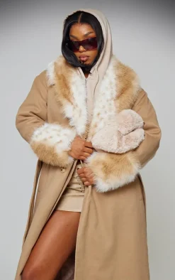 Mushroom Faux Fur Trim Contrast Wool Look Maxi Coat