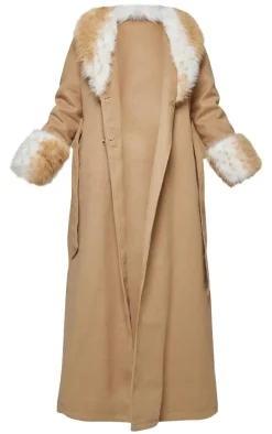 Mushroom Faux Fur Trim Contrast Wool Look Maxi Coat