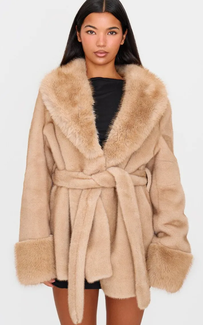 Mushroom Plush Faux Fur Self Tie Coat