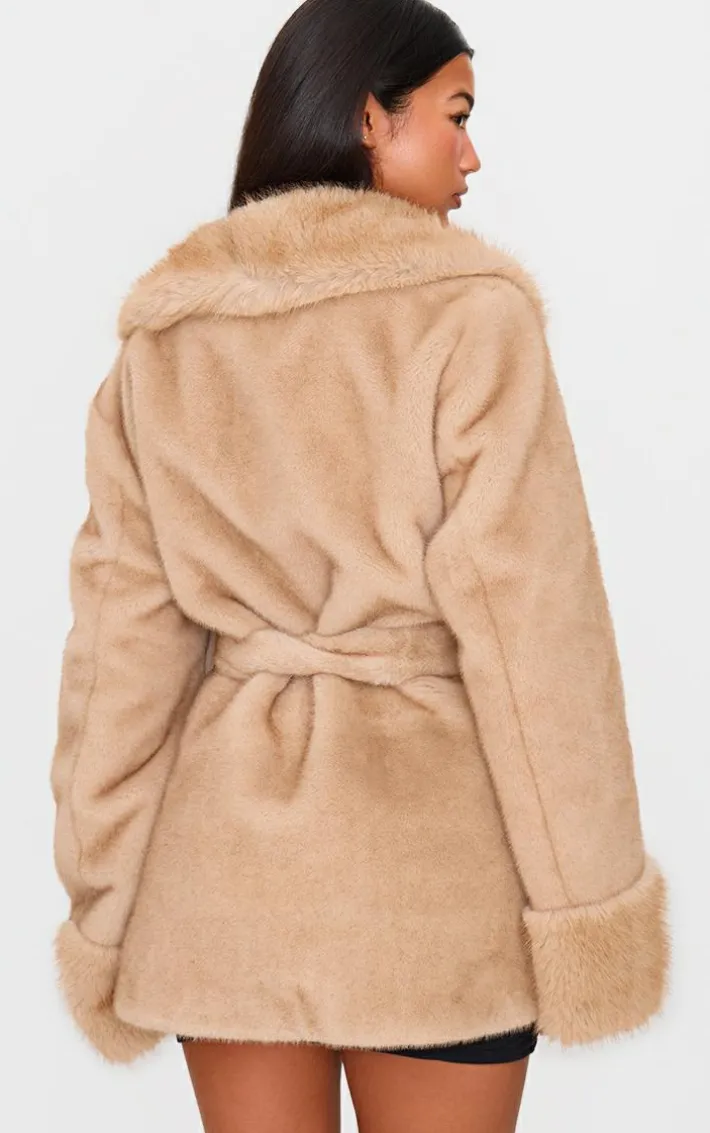 Mushroom Plush Faux Fur Self Tie Coat