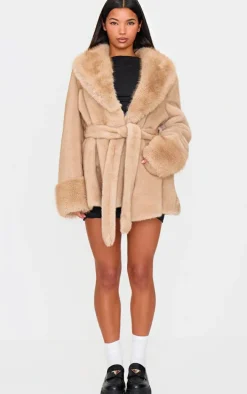 Mushroom Plush Faux Fur Self Tie Coat
