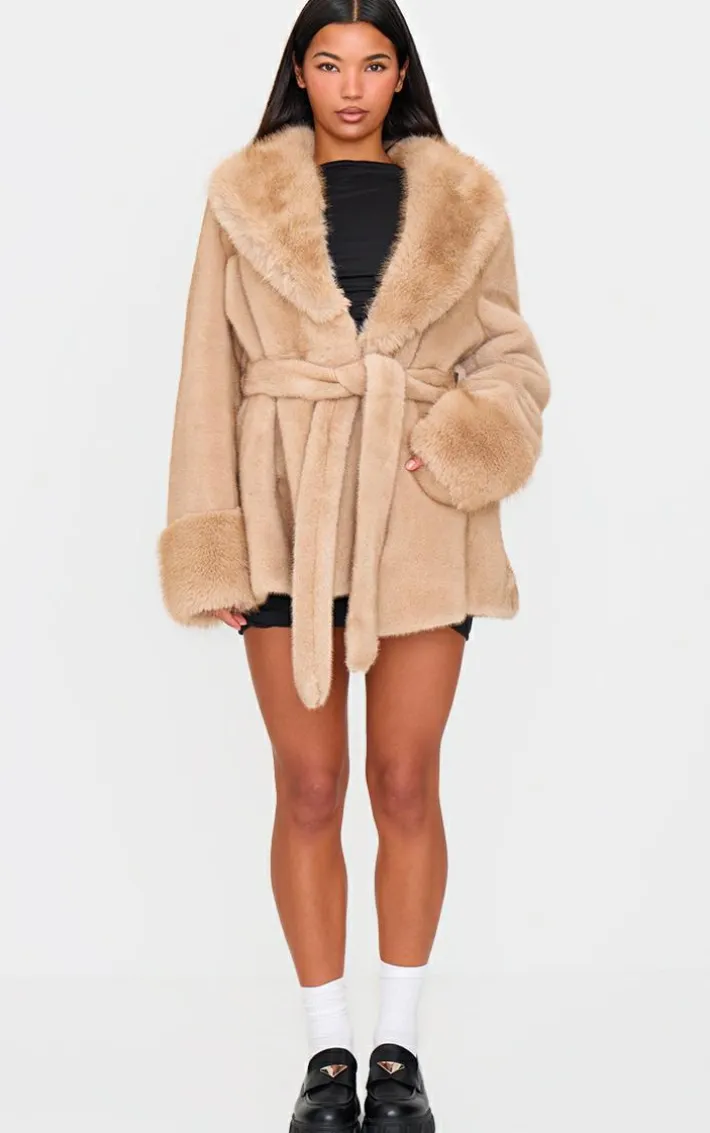 Mushroom Plush Faux Fur Self Tie Coat