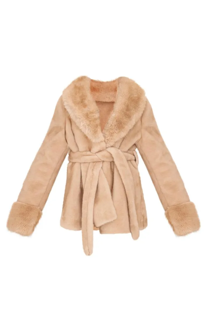Mushroom Plush Faux Fur Self Tie Coat