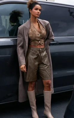 Mushroom PU Point Toe Low Stiletto Knee High Heeled Boots