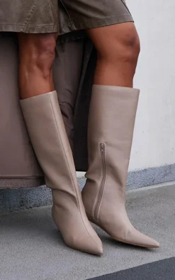 Mushroom PU Point Toe Low Stiletto Knee High Heeled Boots