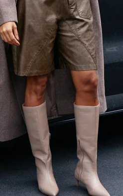 Mushroom PU Point Toe Low Stiletto Knee High Heeled Boots