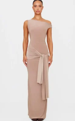 Mushroom Slinky Off Shoulder Wrap Detail Maxi Dress