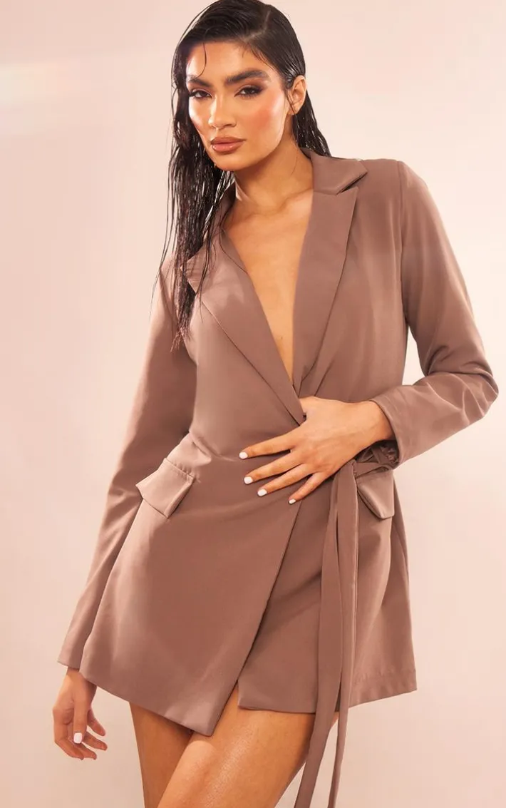 Mushroom Woven Wrap Tie Blazer Dress