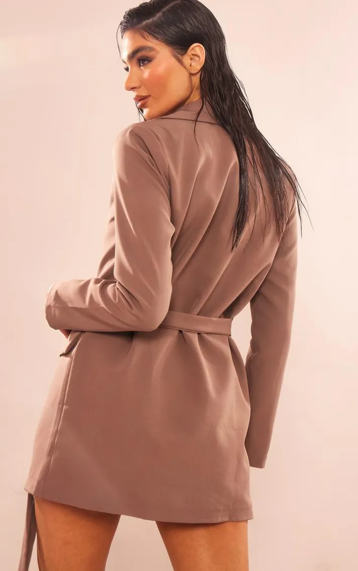 Mushroom Woven Wrap Tie Blazer Dress