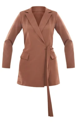 Mushroom Woven Wrap Tie Blazer Dress