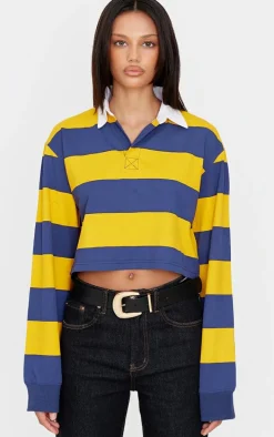Mustard Chunky Striped Collared Cropped Long Sleeve Top