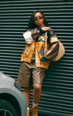 Mustard Faux Leather Graphics Oversized Racer Jacket