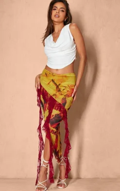 Mustard Renaissance Printed Lined Mesh Asymmetric Lace Trim Midi Skirt