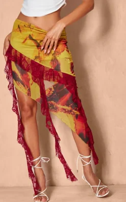 Mustard Renaissance Printed Lined Mesh Asymmetric Lace Trim Midi Skirt