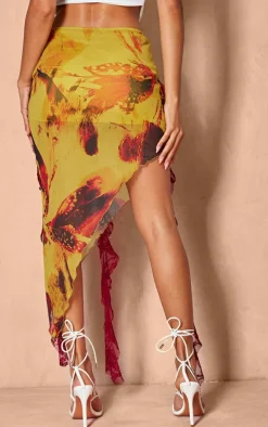 Mustard Renaissance Printed Lined Mesh Asymmetric Lace Trim Midi Skirt