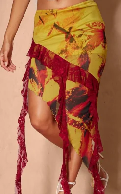 Mustard Renaissance Printed Lined Mesh Asymmetric Lace Trim Midi Skirt