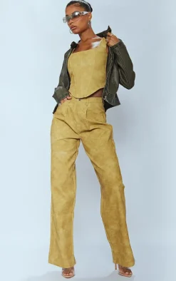 Mustard Washed Faux Leather Dart Pocket Straight Leg Pants