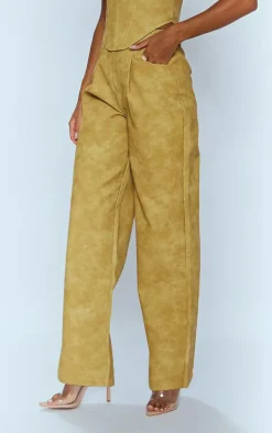Mustard Washed Faux Leather Dart Pocket Straight Leg Pants