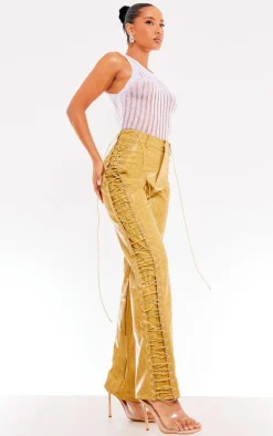 Mustard Washed Faux Leather Lace Up Straight Leg Pant