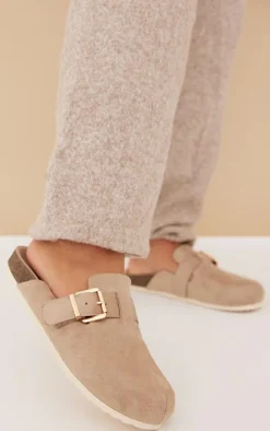 Natural Buckle Detail Faux Suede Mules