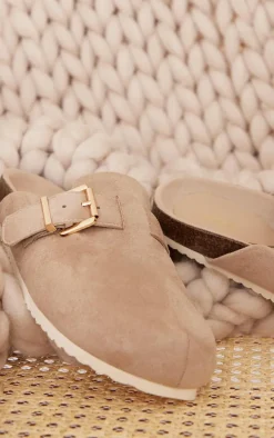 Natural Buckle Detail Faux Suede Mules