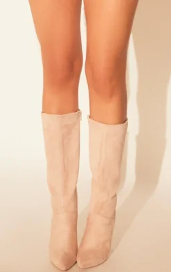 Natural Faux Suede Point Toe Stiletto Heeled Calf High Boots