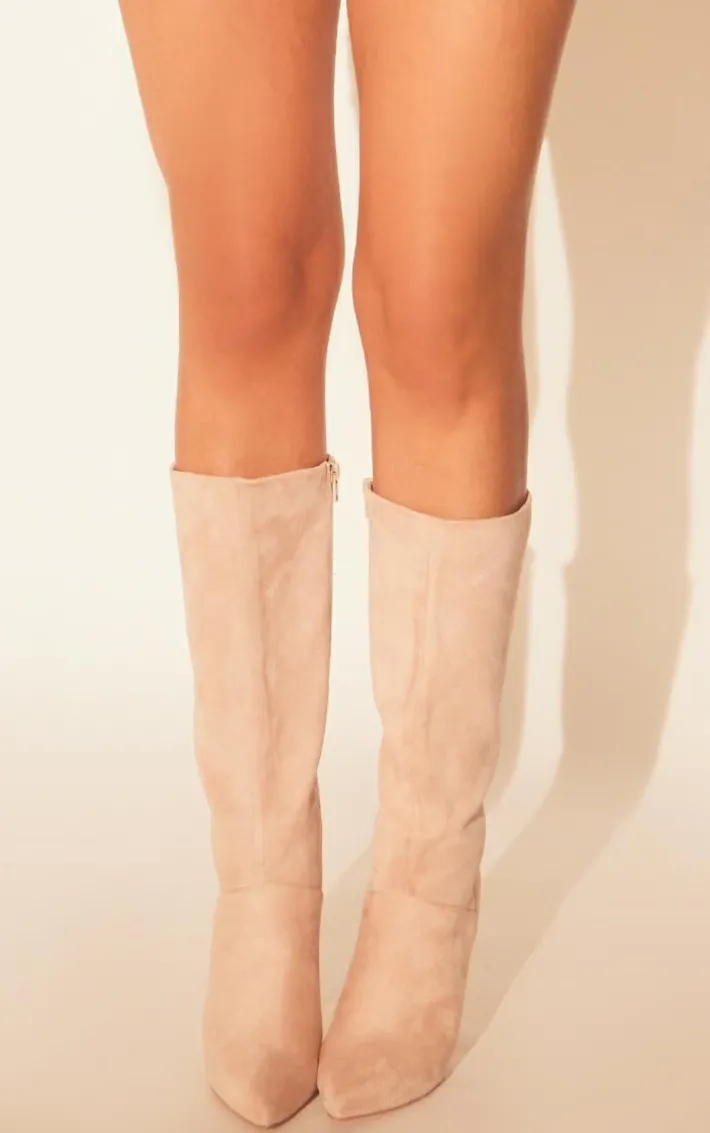 Natural Faux Suede Point Toe Stiletto Heeled Calf High Boots