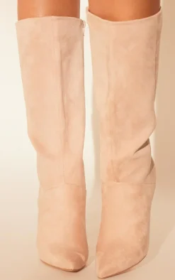 Natural Faux Suede Point Toe Stiletto Heeled Calf High Boots
