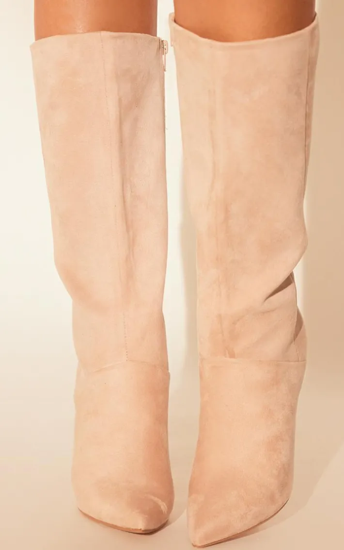 Natural Faux Suede Point Toe Stiletto Heeled Calf High Boots